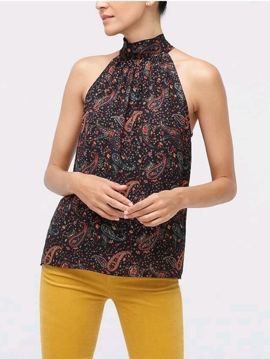 J. Crew Dresses & Skirts - J. Crew Black Paisley Halter Top with Metallic Gold & Olive Paisley Pattern 8